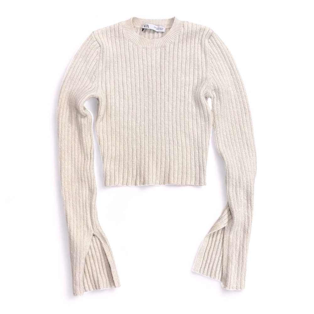 Zara Ribbed Crop Sweater Slit Sleeve Cuffs